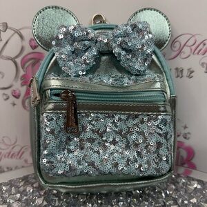 Loungefly wristlet Mini Backpack sequin Disney Mickey Mouse Minnie Ear Bow strap